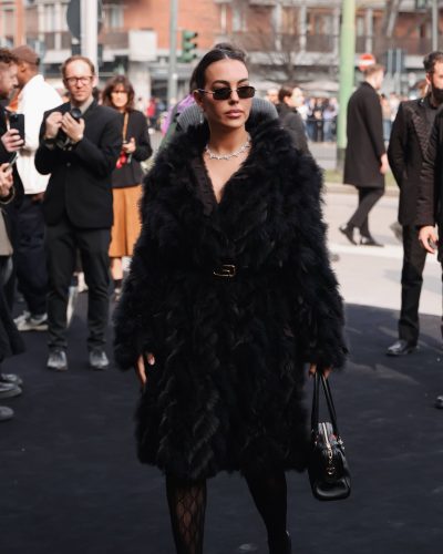 Georgina Rodriguez donning a black outfit with textured layers.