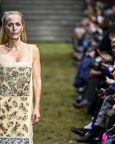 Gillian Anderson beige dress with intricate embellishments and beading