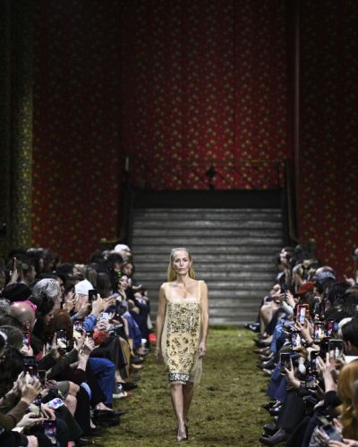 Gillian Anderson beige dress featuring intricate beading and embroidery