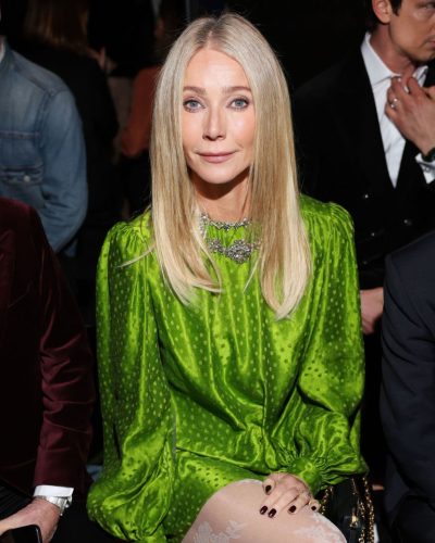 Gwyneth Paltrow in flowing green dress with puff sleeves