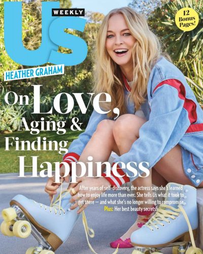 Heather Graham floral-patterned jacket and trousers in bold colors