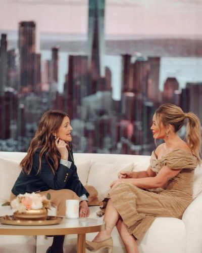 Hilary Duff in chic beige dress with textured fabric