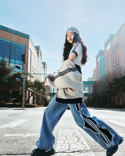 Hoyeon Jung wearing fitted denim pants and casual top