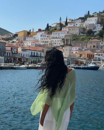 Kaaviya Sambasivam wide-leg trousers and fitted black top