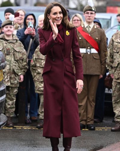 Kate Middleton burgundy wool coat with matching bow-tie detail