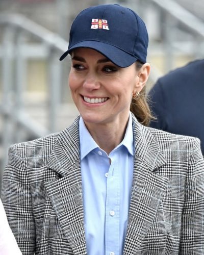 Kate Middleton in light blue shirt under checkered blazer