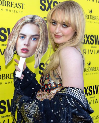 Kathryn Newton trendy layered necklaces with casual attire.