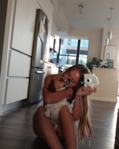 Kyla Dodds in a light blue jumpsuit with a relaxed fit.