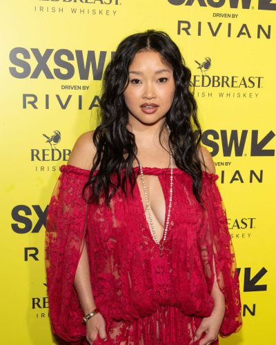 Lana Condor in playful floral dress with relaxed fit