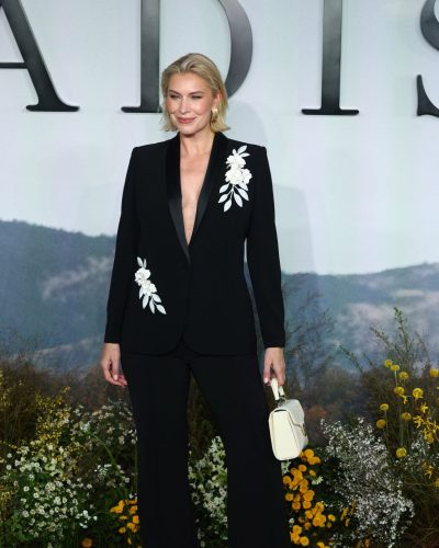 Louise Boyce sophisticated black suit with floral details