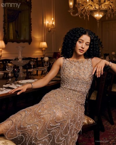 Lucy Halliday golden dress reflecting contemporary fashion trends