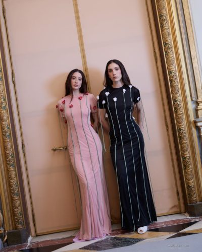 Maria Pedraza contemporary mint green top and vibrant orange skirt