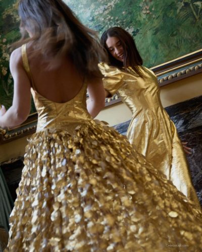 Maria Pedraza vibrant orange skirt paired with mint green top