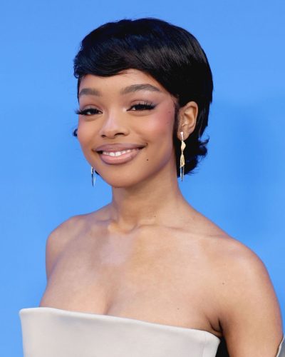 Marsai Martin in a modern dress with minimalistic gold accents