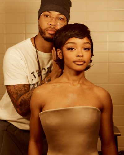 Marsai Martin in a classic strapless gown with a pop of color