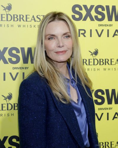 Michelle Pfeiffer in contemporary suit with unique fabric details