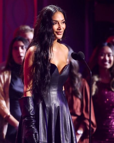 Nicole Scherzinger black leather gown with sophisticated details