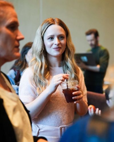 Lulu Wilson in soft pastel sweater with relaxed silhouette