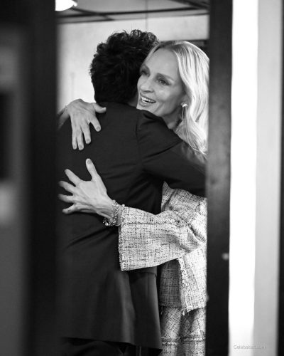 Uma Thurman in cream midi skirt and tailored blazer