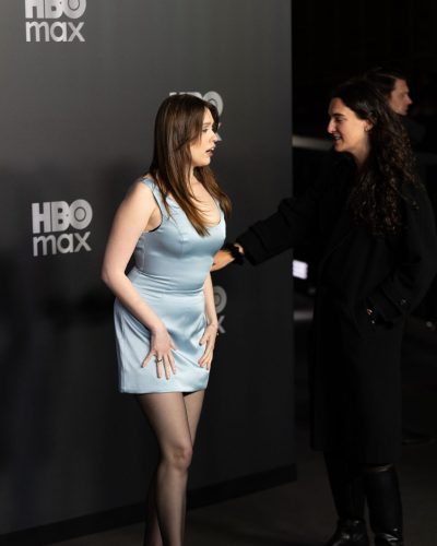 Aimee Lou Wood in soft blue chic dress