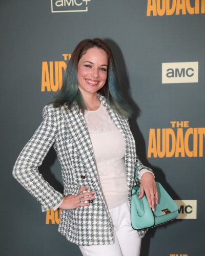 Alexis Knapp chic lace top with white fitted trousers