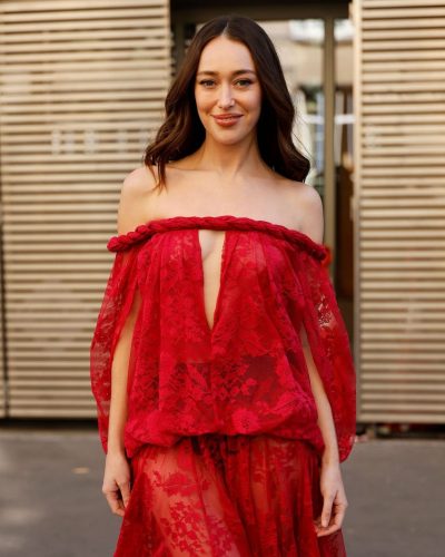 Alycia Debnam-Carey red lace gown revealing collarbone
