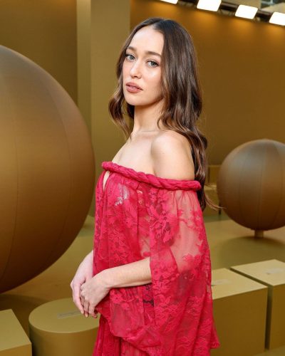 Alycia Debnam-Carey intricate lace dress with sheer overlay