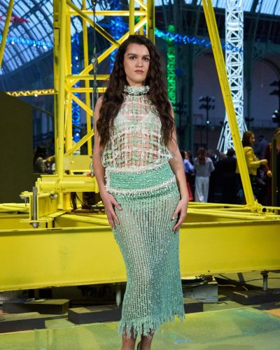 Amaia Romero mint dress with a sophisticated high-neck and flared skirt