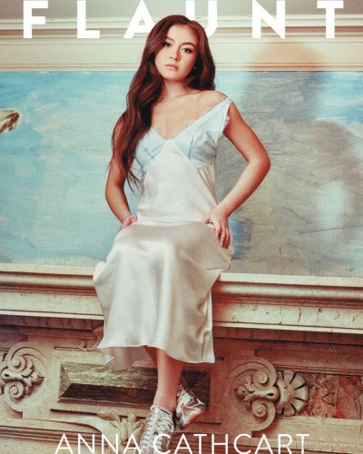 Anna Cathcart elegant satin gown featuring delicate lace neckline