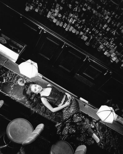 Anna Cathcart beautiful satin dress with lace around neckline