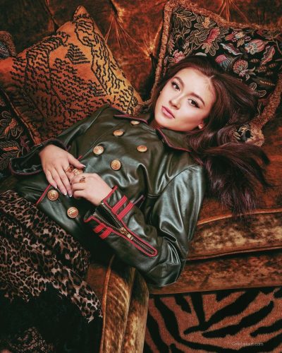 Anna Cathcart graceful satin dress in pastel blue tones