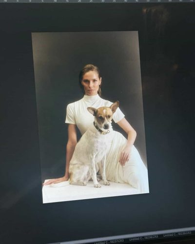 Anna Maria Olbrych in a cream dress with flowing fabric