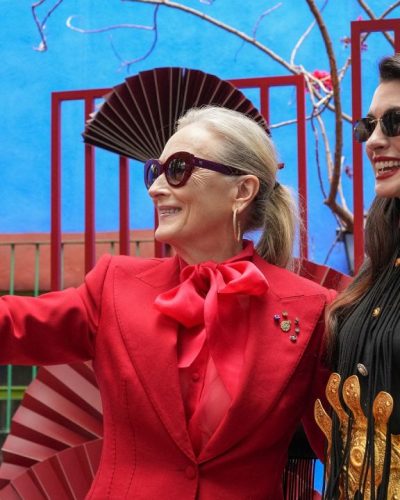 Meryl Streep elegant black gown adorned with intricate details