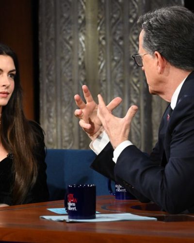 Anne Hathaway in black dress at Late Show