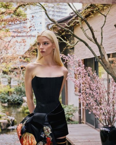 Anya Taylor-Joy black strapless gown with floral embroidery details