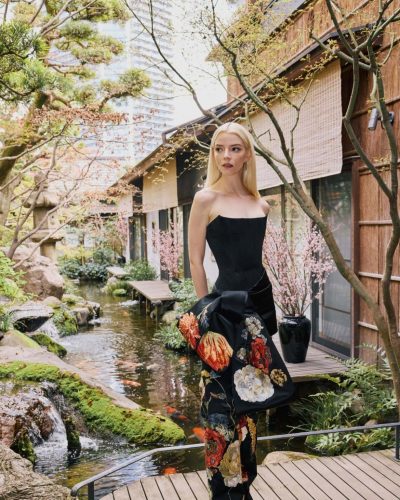 Anya Taylor-Joy black gown with contrasting floral embroidery