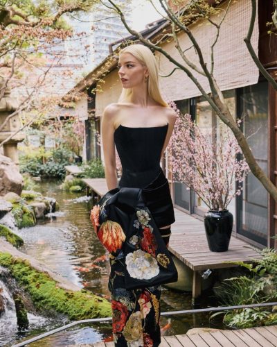 Anya Taylor-Joy black gown with beautiful floral accents and embroidery