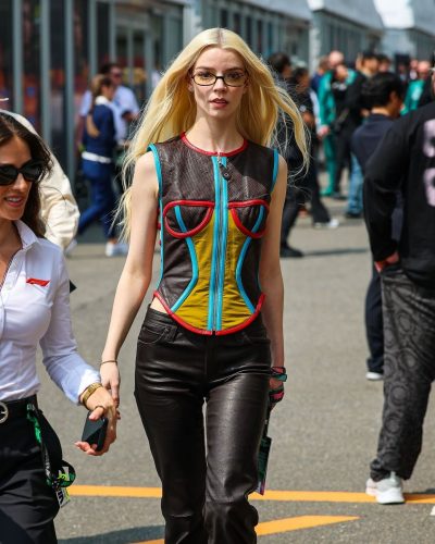 Anya Taylor-Joy in eye-catching mesh top and fitted leather bottoms