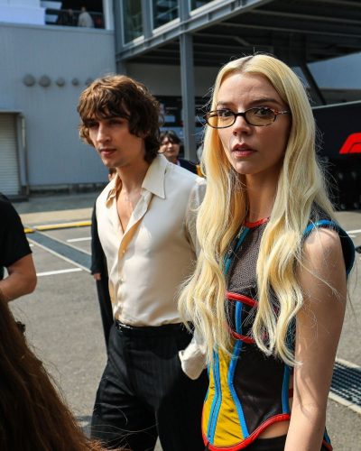 Anya Taylor-Joy in bold mesh top paired with black leather pants