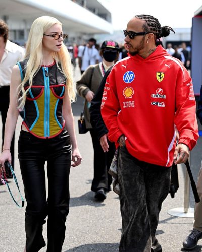 Anya Taylor-Joy wears vibrant mesh top with black leather pants