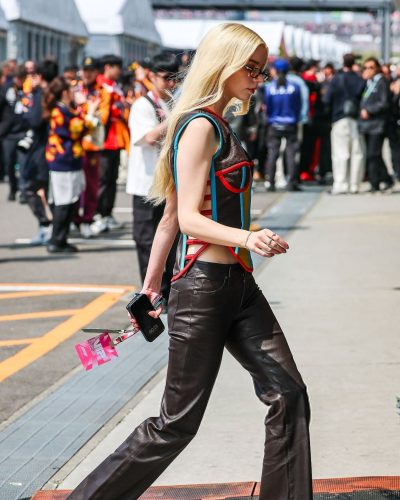 Anya Taylor-Joy in playful mesh top and chic leather pants