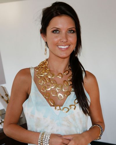 Audrina Patridge in light blue blouse and intricate gold accessories