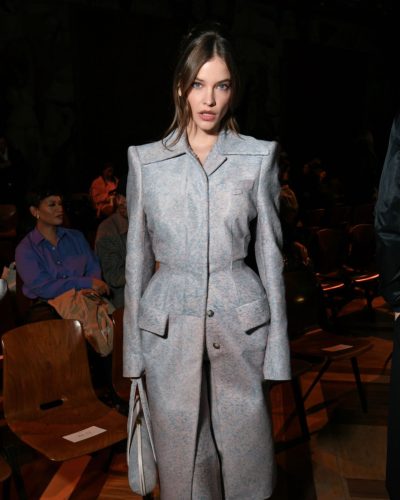 Barbara Palvin blue tailored suit with structured jacket and wide-leg trousers