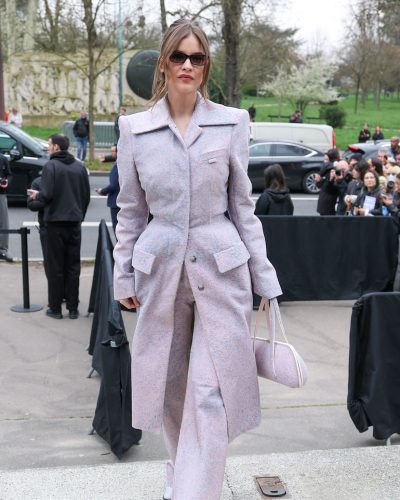 Barbara Palvin blue suit with bold shoulders and graceful trousers