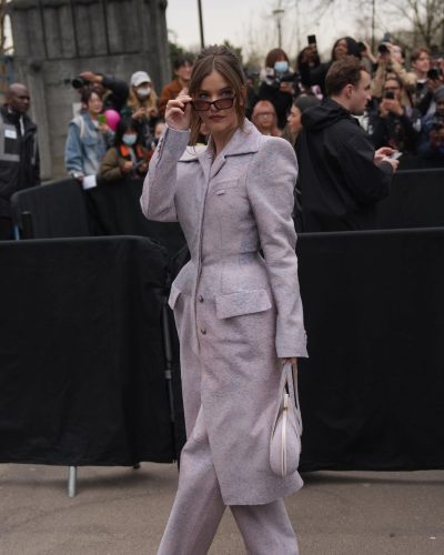 Barbara Palvin sophisticated blue suit with modern tailoring details