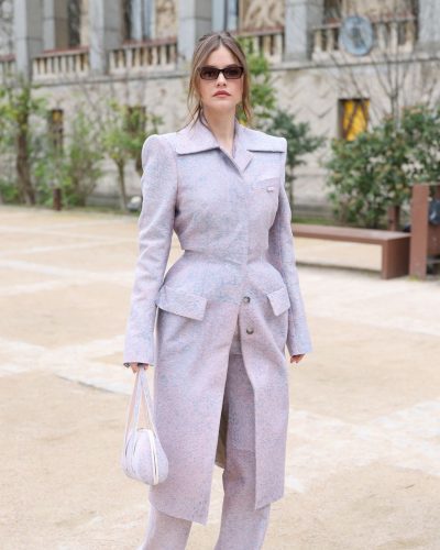 Barbara Palvin blue tailored suit complemented by chic sunglasses
