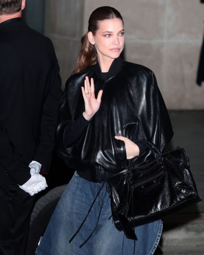 Barbara Palvin black bomber jacket and fitted denim skirt