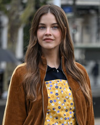 Barbara Palvin in a layered look with floral dress and jacket