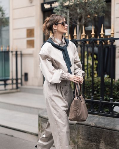 Barbara Palvin dressed in a casual beige jacket and pants.