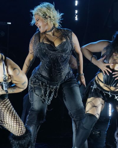 Bebe Rexha wearing a unique web-patterned bodice